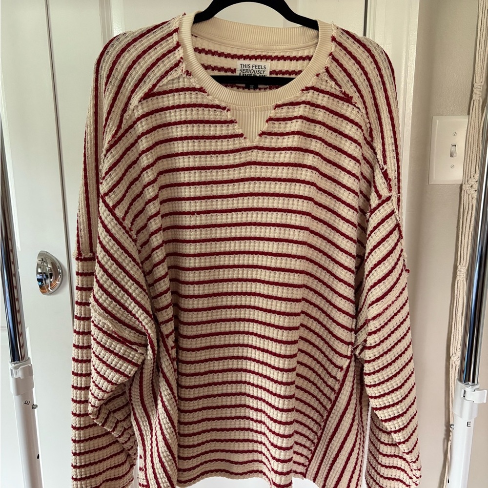 American Eagle Outfitters Cream and Red Striped Crewneck Sweater